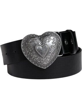 Women Black With Heart-shaped Buckle Western Strap Vintage Leather Belt Cowgirl
